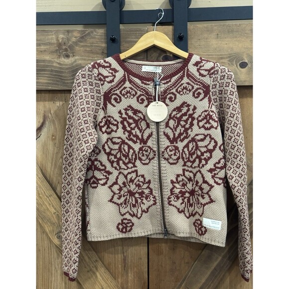 Odd Molly Sweaters - ODD MOLLY Tan Maroon Floral Full Zip Cardigan Women's Sz 1 / Sm 100% Cotton New